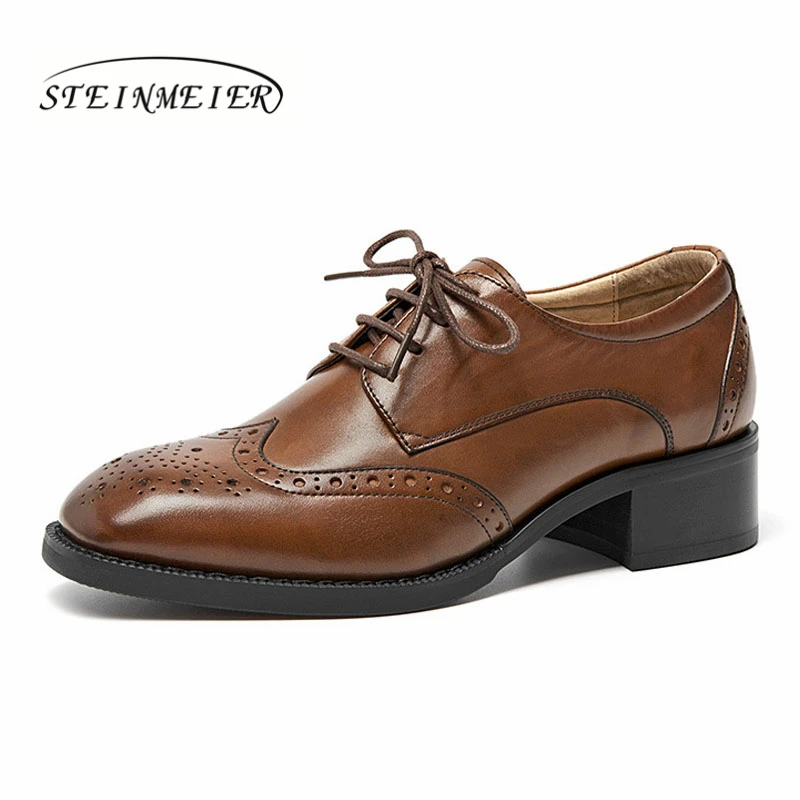 Brown 3.8cm Yinzo/женские туфли-оксфорды; винтажные женские туфли-лодочки из натуральной кожи; женские туфли-оксфорды на каблуке; цвет черный, коричневый; коллекция года; сезон весна - Цвет: Brown 3.8cm
