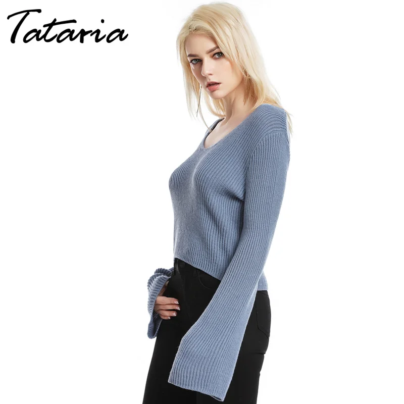 Женский укороченный свитер Tataria серый с длинным рукавом и v-образным вырезом