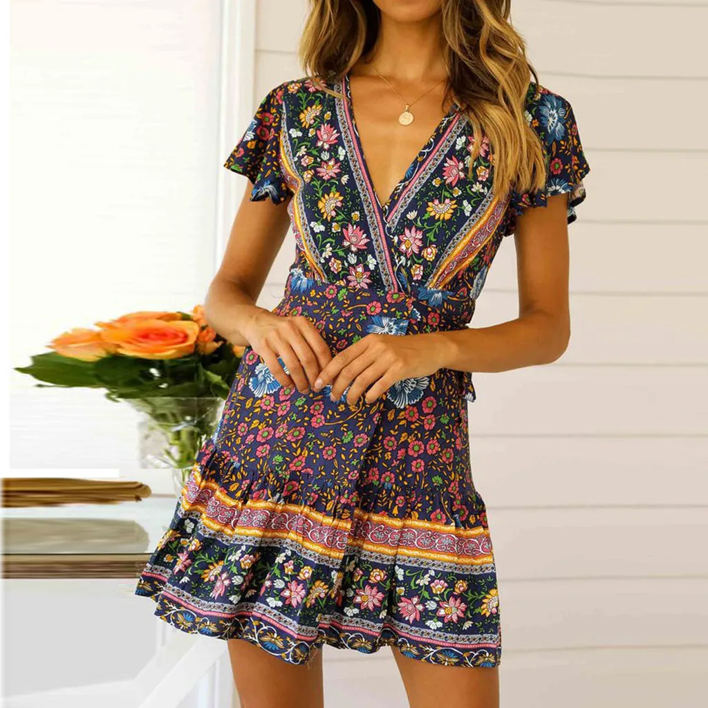 Womens Sexy Casual High Waist Bohemia Print V Neck National Style Midi Dress W612 | Женская одежда