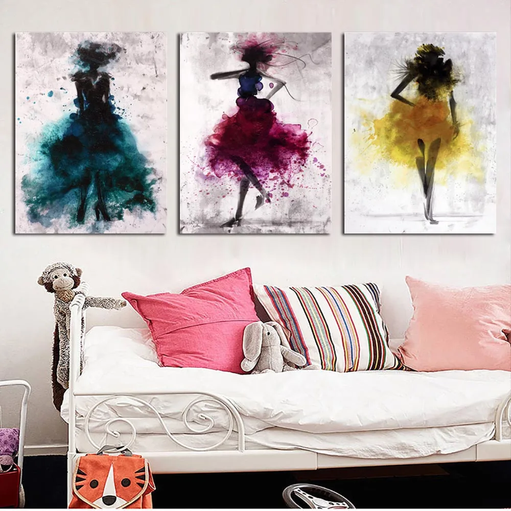 Abstract Figure Paintings 3 Pcs/Set Watercolor Fashion Sexy Ladies with Dress Canvas Printings Wall Artwork Decor Picture Poster | Дом и сад