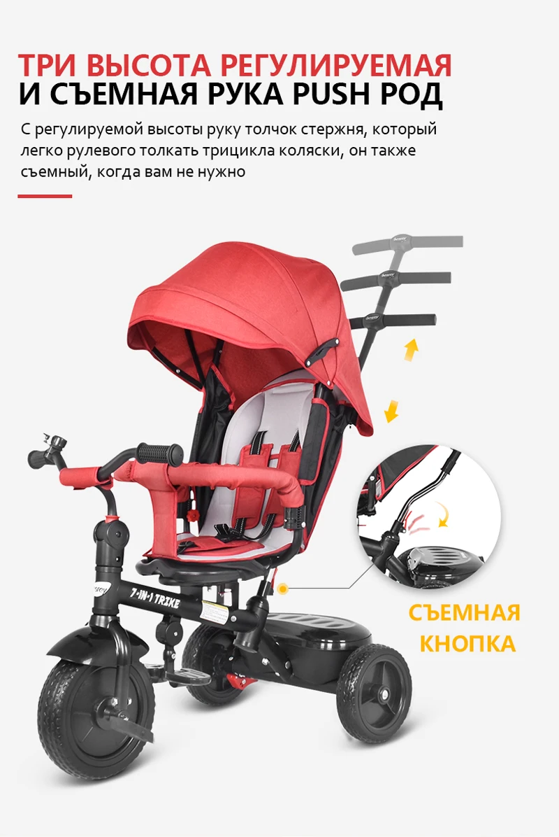 Besrey Kids Trike 7 в 1 трехколесная детская коляска на колесиках с вращающимся и откидывающимся сиденьем для детей