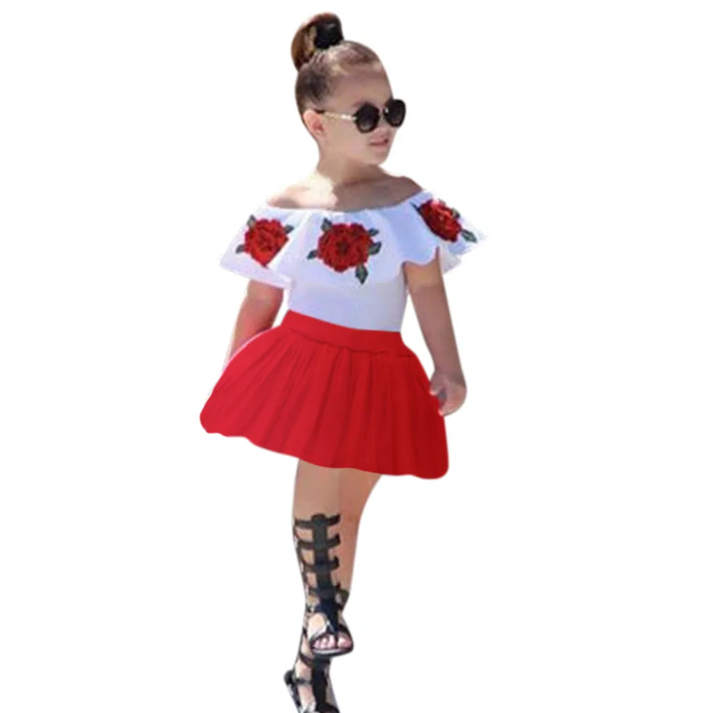 Топы с вышивкой розы и открытыми плечами для маленьких девочек + однотонная