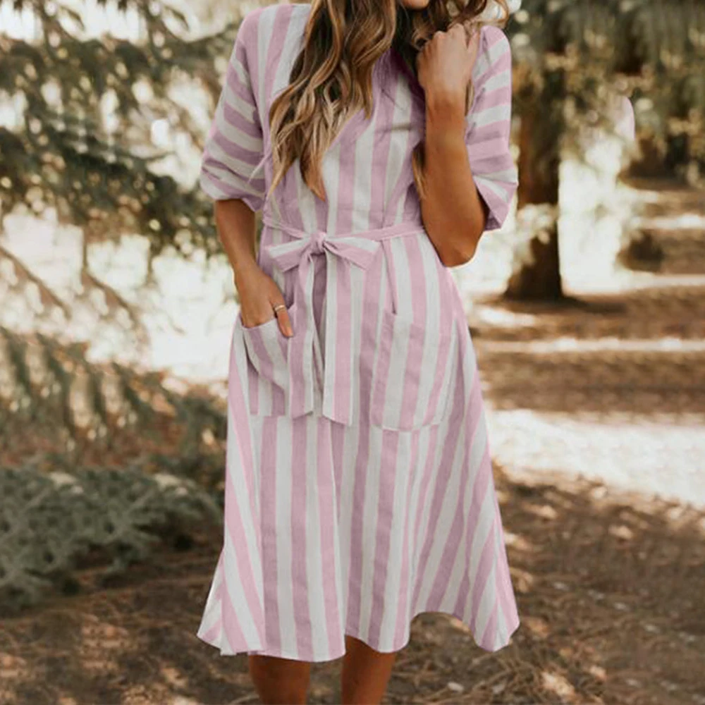 Женская одежда летнее богемное Полосатое платье с v образным вырезом карманом и