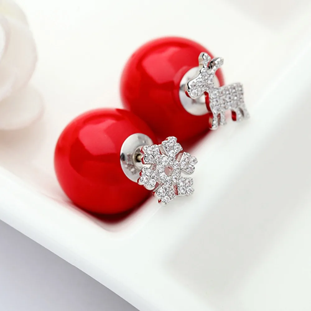 LUOTEEMI New Jewelry Snowflake and Stud Earrings Tiny Shining CZ Crystal Red Imitation Pearl Double Side Brincos Christmas Gift|stud earrings|stud