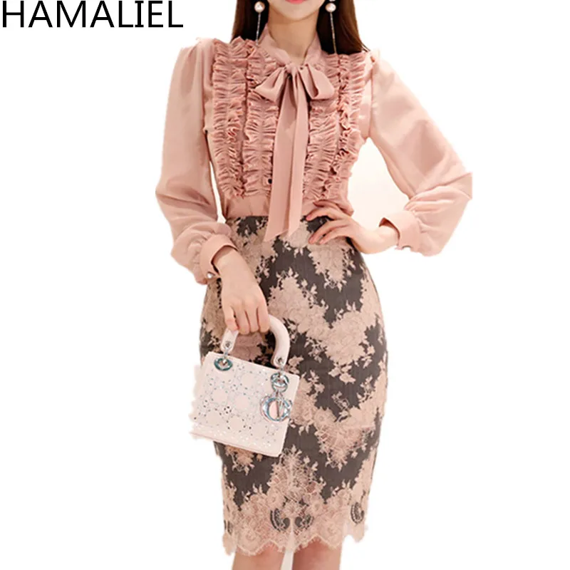 Женский костюм из 2 предметов HAMALIEL розовый шифоновый топ с оборками и бантом +