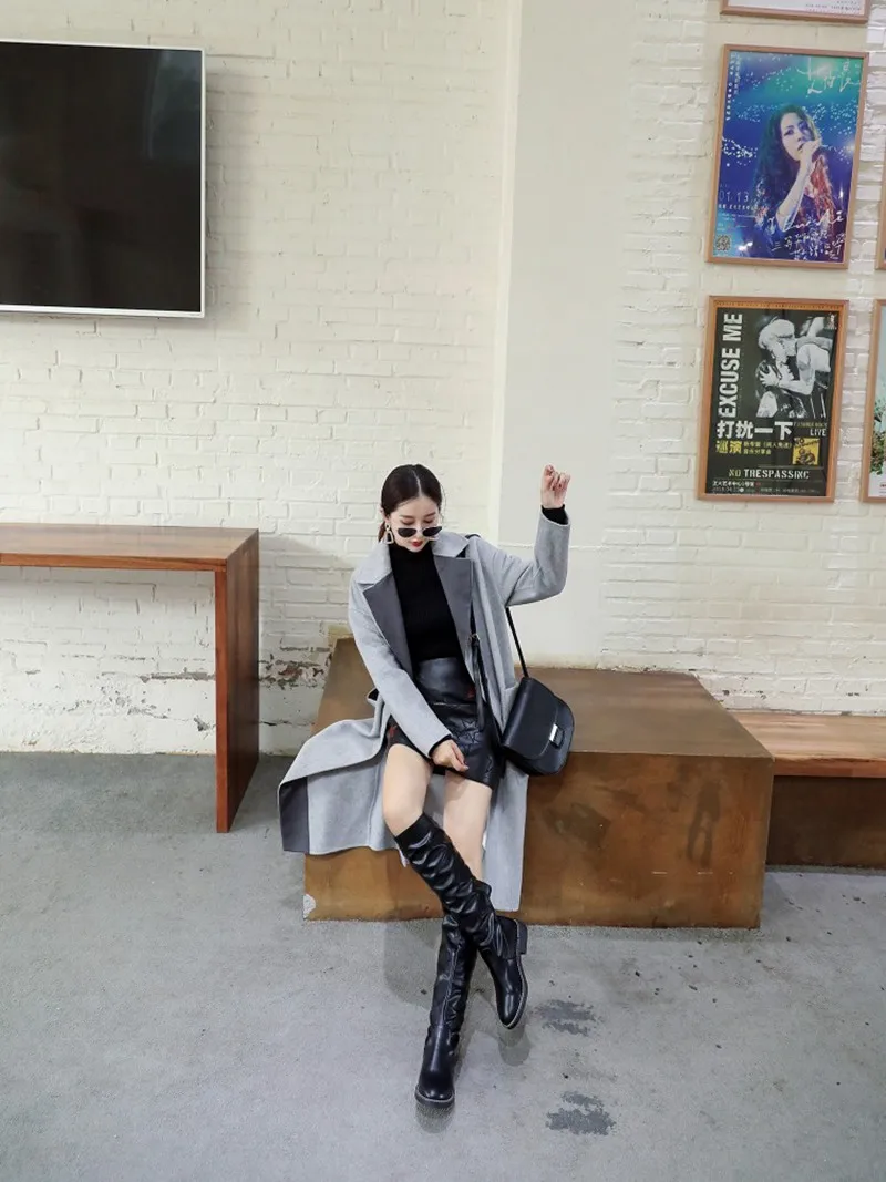 ORCHA LISA/женские высокие сапоги со складками сапоги до колена на низком каблуке черные ботинки на блочном каблуке женская зимняя рабочая обувь из лакированной кожи