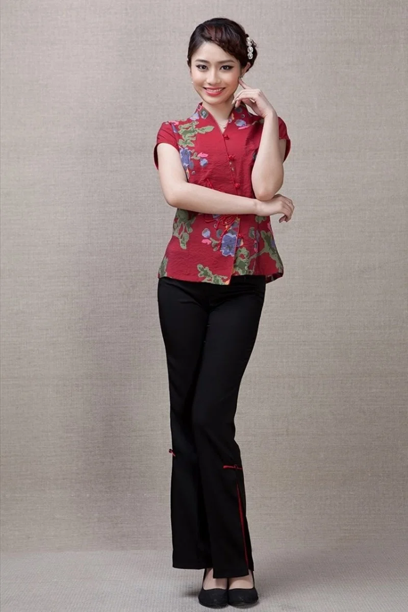 Китайские Топы Cheongsam для женщин летняя одежда Шанхай Тан Женская винтажная фольклорная рубашка женские китайские Топы TA1606