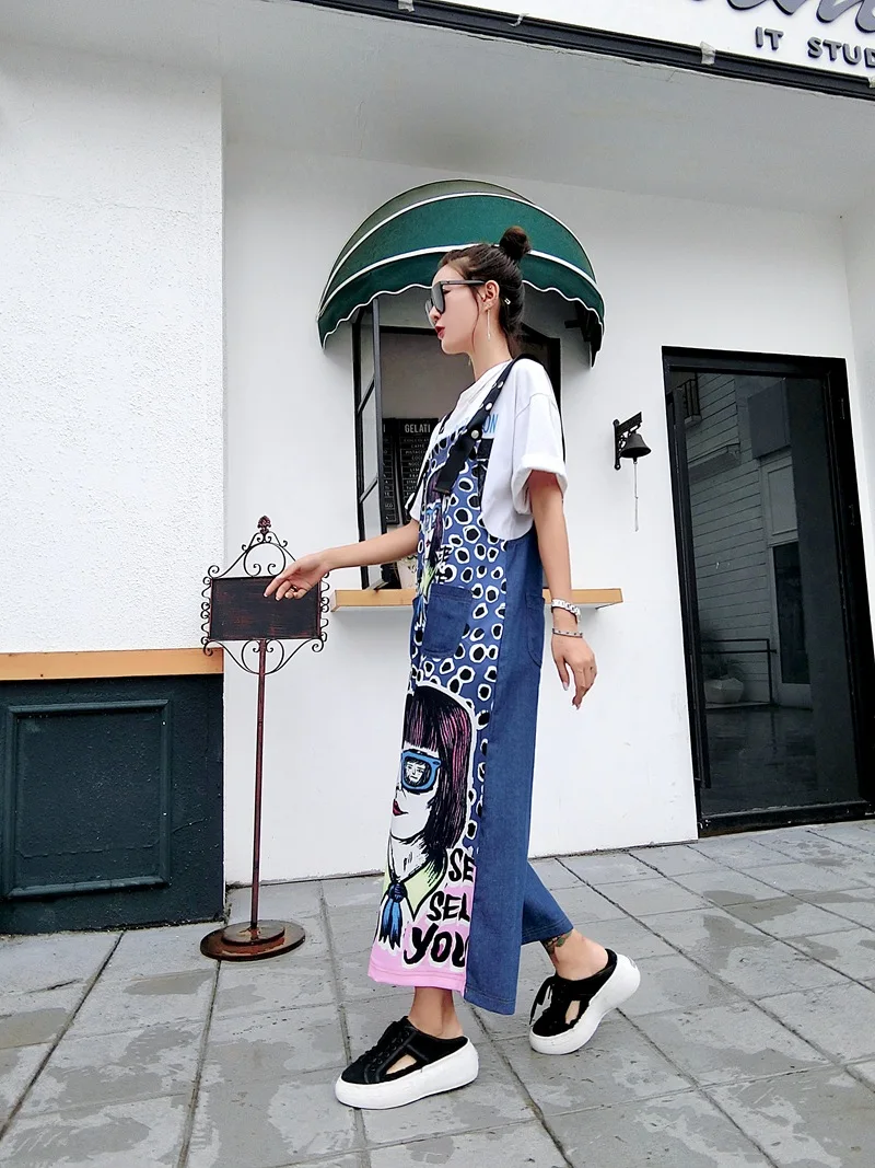Дамы Harajuku характер печати джинсовые комбинезон лоскутный High Street Широкий повязка на ноги повседневные свободные брюки комбинезоны