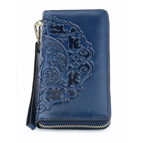 Blue COMFORSKIN, длинный винтажный женский кошелек с кисточками, Премиум класс, натуральная кожа, уникальное тиснение, цветочный узор, женские кошельки на молнии с ручной веревкой - Цвет: Blue