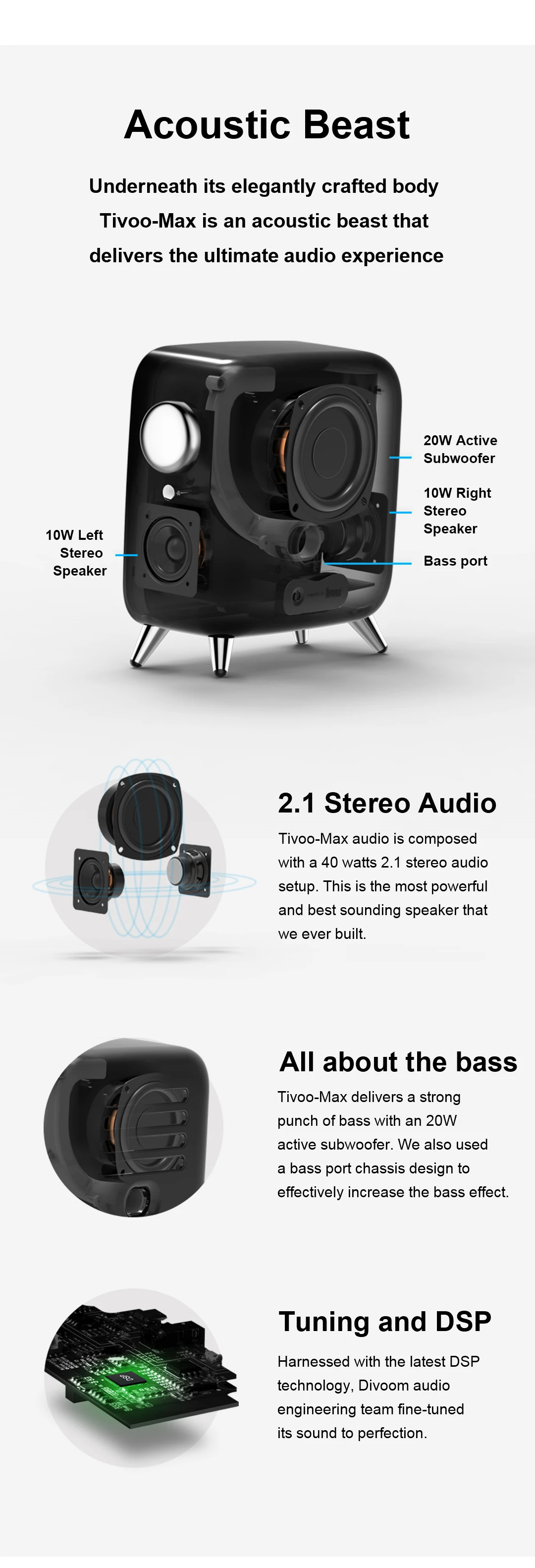 Divoom Tivoo Max Pixel Art Bluetooth беспроводной динамик с 2,1 аудио системой 40 Вт Выход тяжелый бас приложение управление для IOS и Android