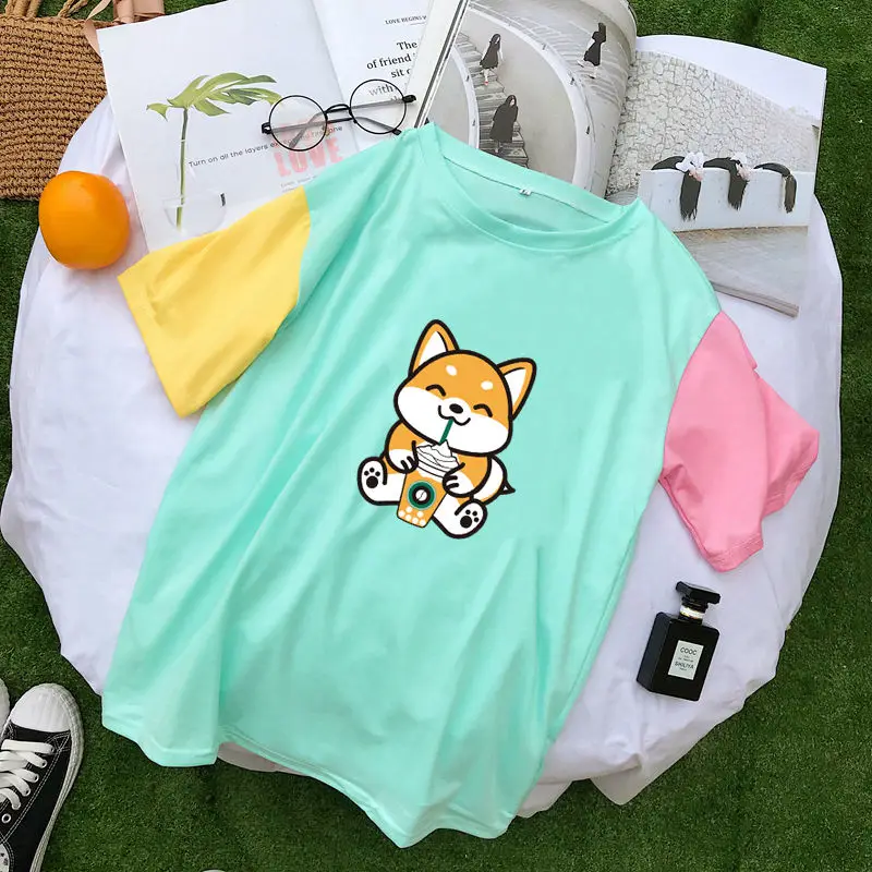 green Цветные сращивающиеся футболки женские топы летние повседневные Kawaii shaba с мультяшным принтом Футболка Femme Harajuku хлопковая футболка одежда - Цвет: green