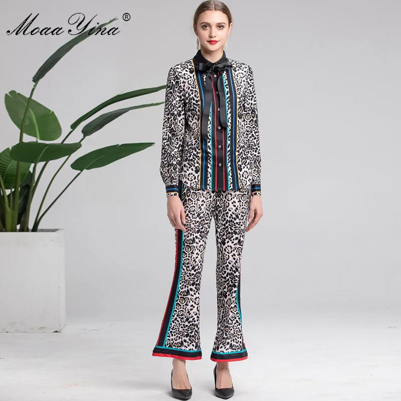 MoaaYina Fashion Designer Set Spring Autumn Women Long Sleeve Leopard Print Tops+Bell-bottomed pants Elegant Two-piece suit | Женская