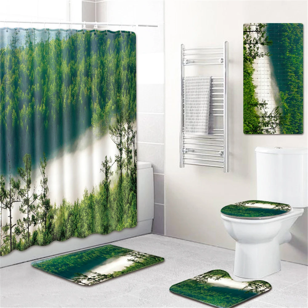 

5pcs Waterproof Bathroom Decor Bath Curtain Non-slip Flannel Toilet Carpet Rugs Bath Mat Set Shower Curtain Set