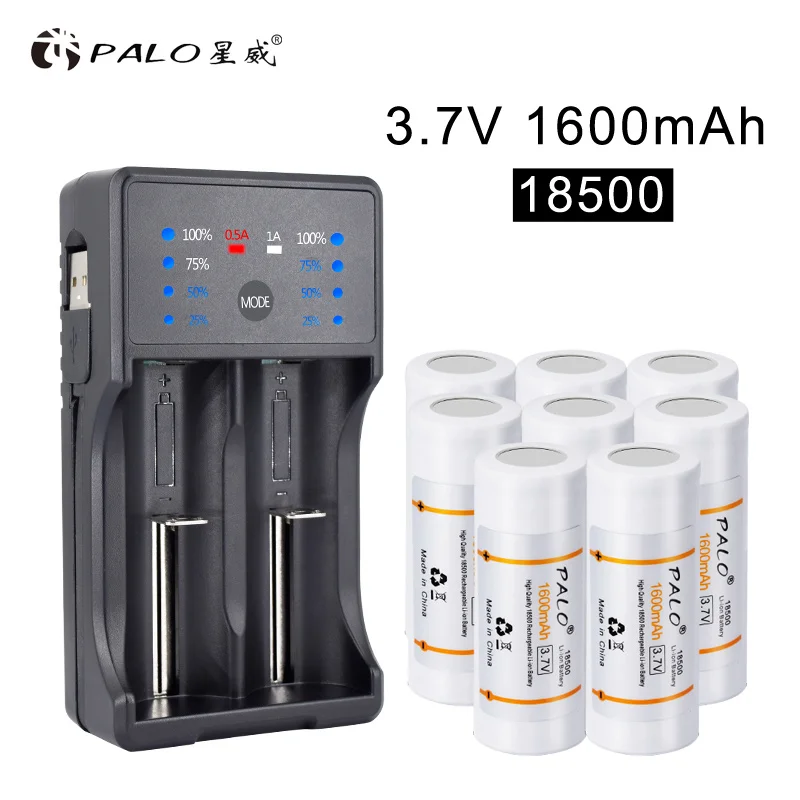 PALO 18500 батарея 3,7 V 1600mAh литиевая аккумуляторная батарея 18500 с USB умным зарядным устройством для 18500 16350 14500 18650 батарея - Цвет: 1 charger 8 battery