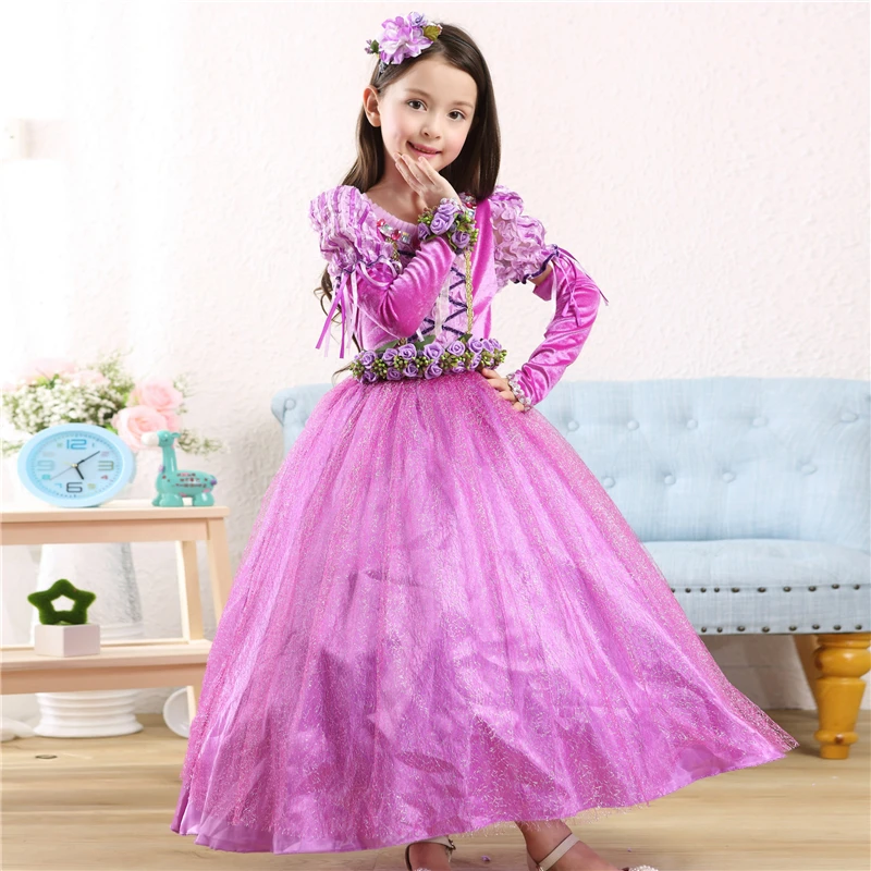 2017 Rapunzel Cosplay Dress Children Girls Long Hair Princess Halloween Costume Clothes Kids Clothing with Sleeves Garland | Детская