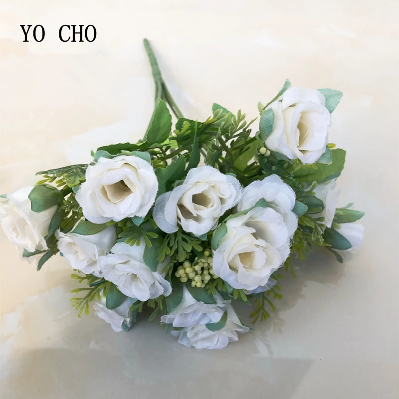 

YO CHO 15heads Silk Tea Roses Flower Bride Bouquet for Christmas Home Wedding New Year Decoration Fake Plants Artificial Flowers