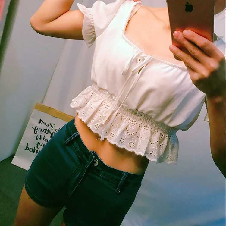 Летние женские нагрудные ремни квадратный воротник кружева кроп Топ