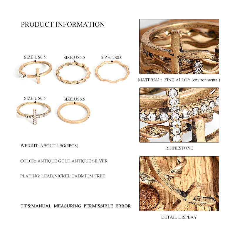 5 шт./компл. в стиле панк с геометрическим принтом крест Открытое кольцо наборы
