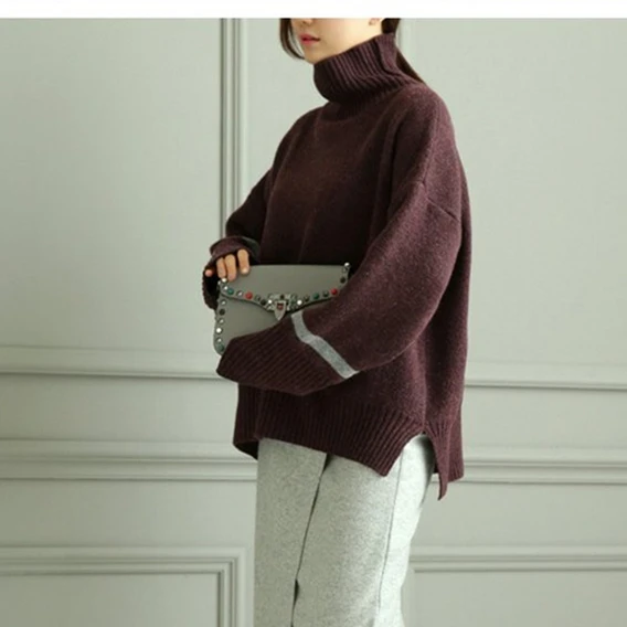 New Cashmere Knitted Sweater Women Tops Turtleneck Autumn Winter Female Pullover Loose Casual Warm Sweater - Цвет: Коричневый