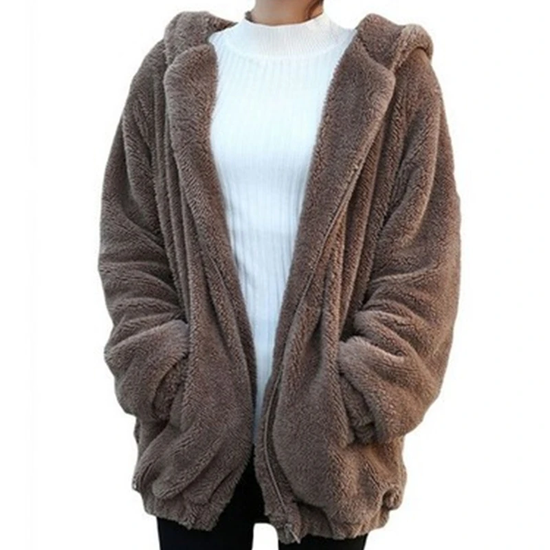 Female Fur version of the little bear bunny with ears and tail cartoon plush jacket hooded sweater women Faux Fur Outerwear J699