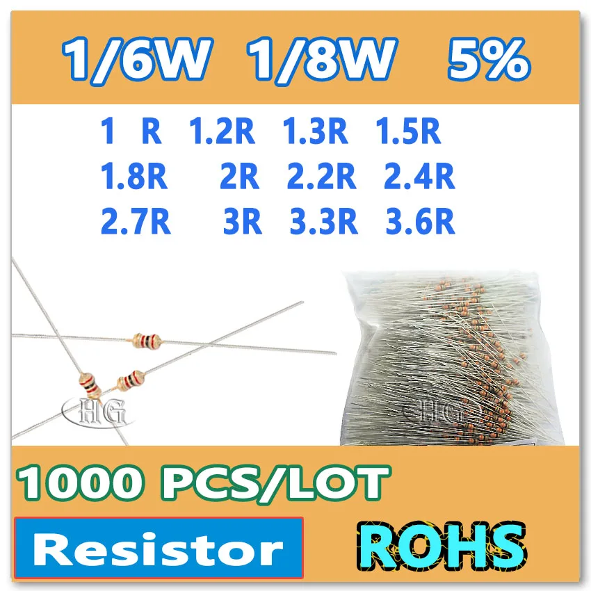 JASNPROSMA 1000 шт./лот 5% 1/6 Вт 1/8 1R 1.2R 1.3R 1.5R 1.8R 2R 2.2R 2.4R 2.7R 3R 3.3R 3.6R углеродная пленка DIP OHM