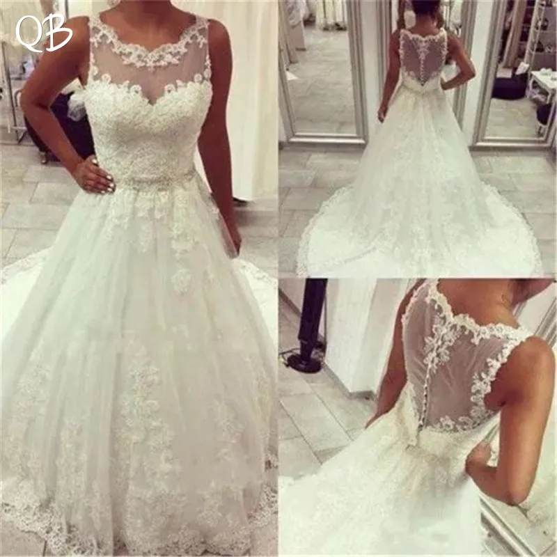 

A-line Wedding Dresses 2019 Vintage Tulle Lace Appliques Beading Elegant Long Formal Bridal Gown Vestido de Noiva ZD24