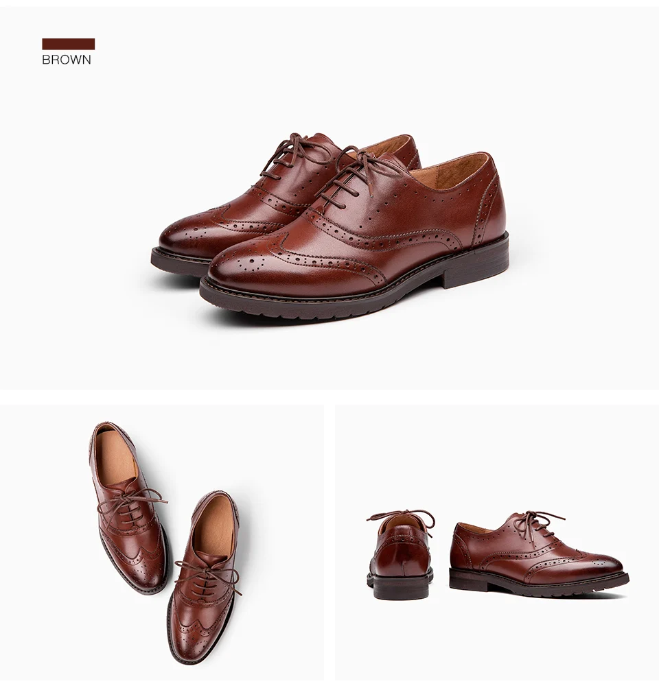 BeauToday Oxfords Women Calfskin Genuine Leather Wingtip Lace-Up Closure Ladies Brogue Flat Shoes Handmade A21069