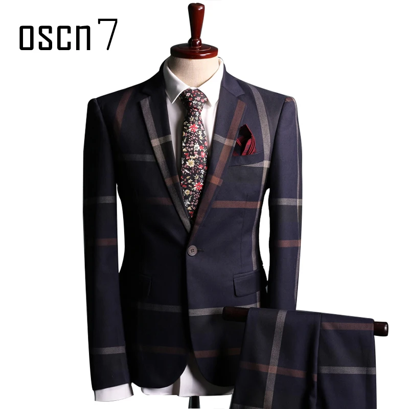 OSCN7 Navy Blue Slim Fit Plaid Suit Men Notch Lapel Business Formal Dress Suits For Fashion Terno Masculino Plus Size | Мужская одежда