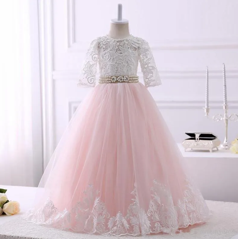 

Ball Gown Puffy Flower Girl Dress Wedding Party Gown Pearls Lace Tulle First Communion Dress Vestidos De Fiesta