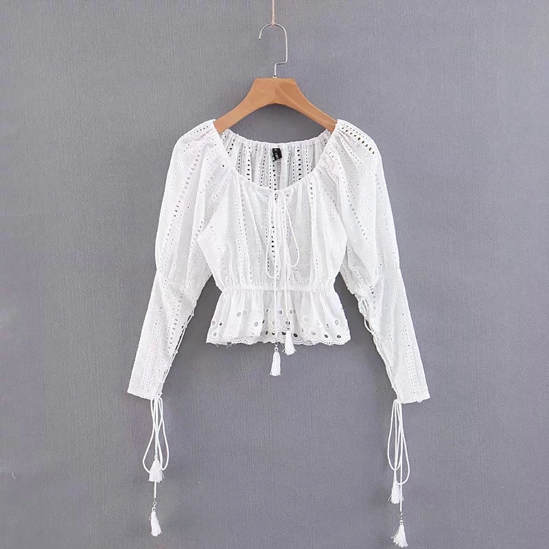 Женский укороченный топ на шнуровке пикантная белая блузка в Корейском стиле