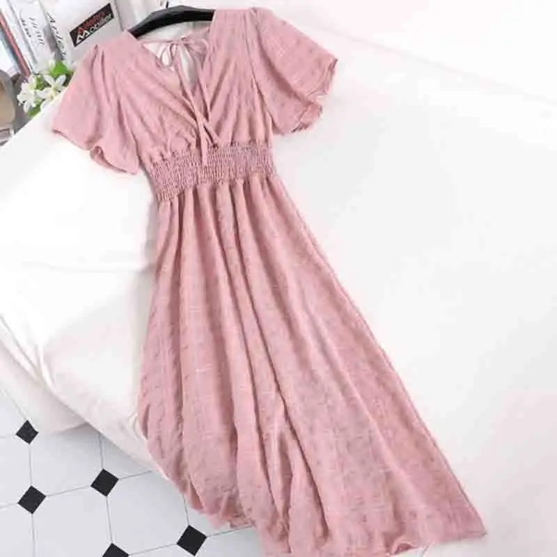 Богемные летние Для женщин шифоновое платье элегантный 2019 с коротким рукавом v