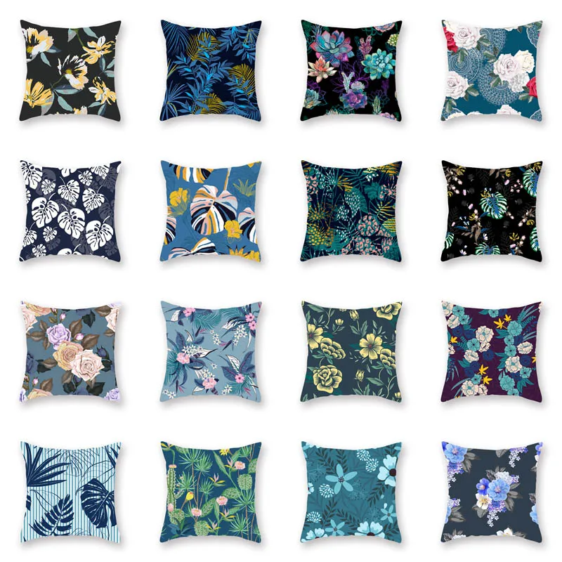 2019 fashion new blue plant flower and grass leaf pillowcase printing polyester cotton car office sofa cushion cover | Дом и сад
