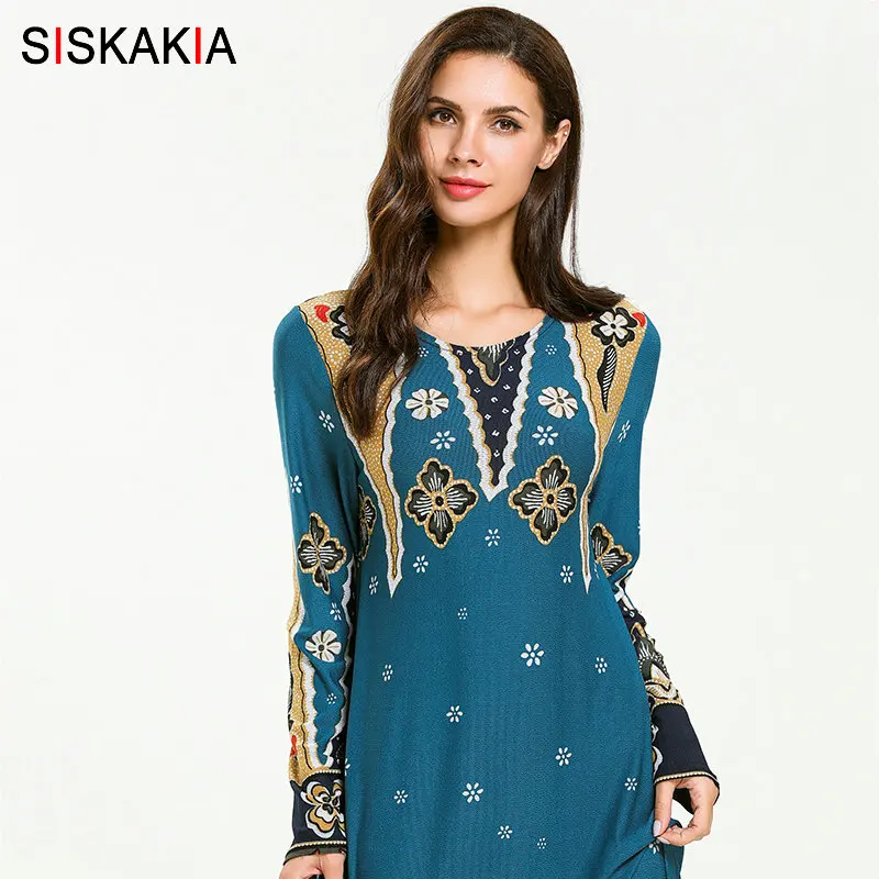 Blue dress Siskakia, винтажное этническое женское длинное платье, тонкое, элегантное, с цветочным принтом, макси платья, арабское мусульманское, Рамадан, одежда, тонкая, Свинг, одежда - Цвет: Blue dress