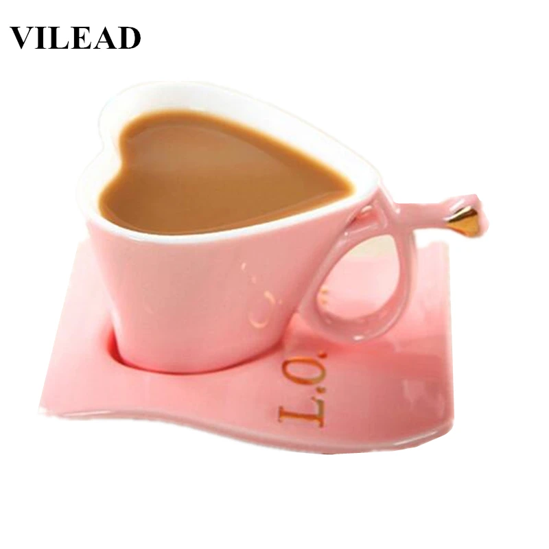 VILEAD, кофейная кружка в форме сердца для влюбленных, модная, керамическая, молочная кружка с тарелкой, для пар, чашка для утреннего чая, для офиса, чашка для воды, подарок для девочек