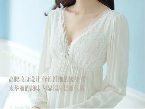 Женская ночная рубашка с длинным рукавом Повседневная белая хлопковая v-образным