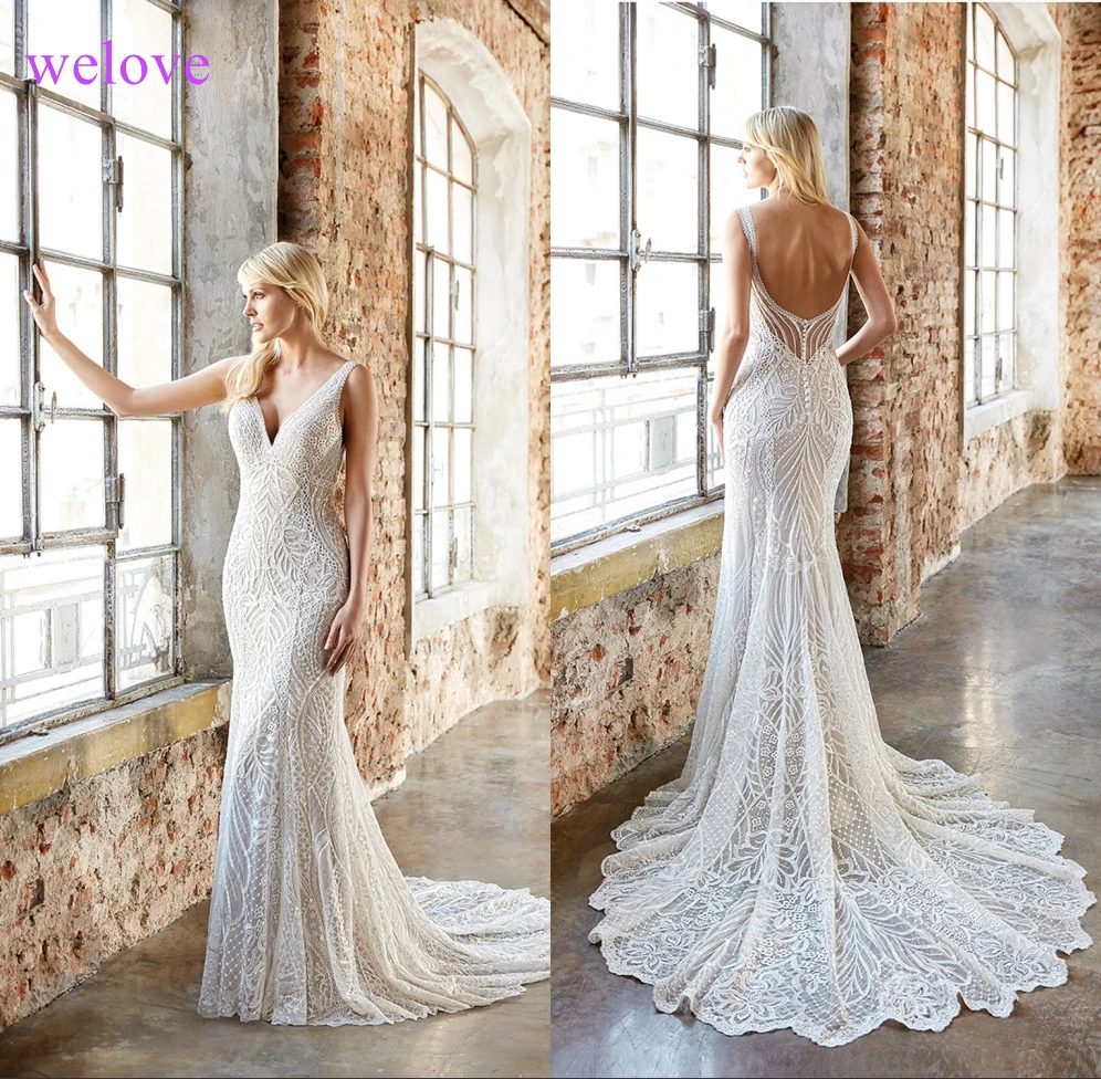 След De Noiva Новое поступление Сексуальная спинки кружева пляж свадебное Dresses2019Mermaid кружевная Апликация Свадебные платья Boho халат de mariée