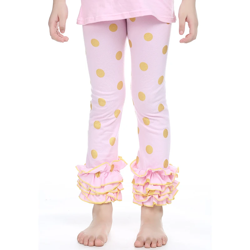 Леггинсы в горошек с оборками для девочек черные золотые блестящие штаны