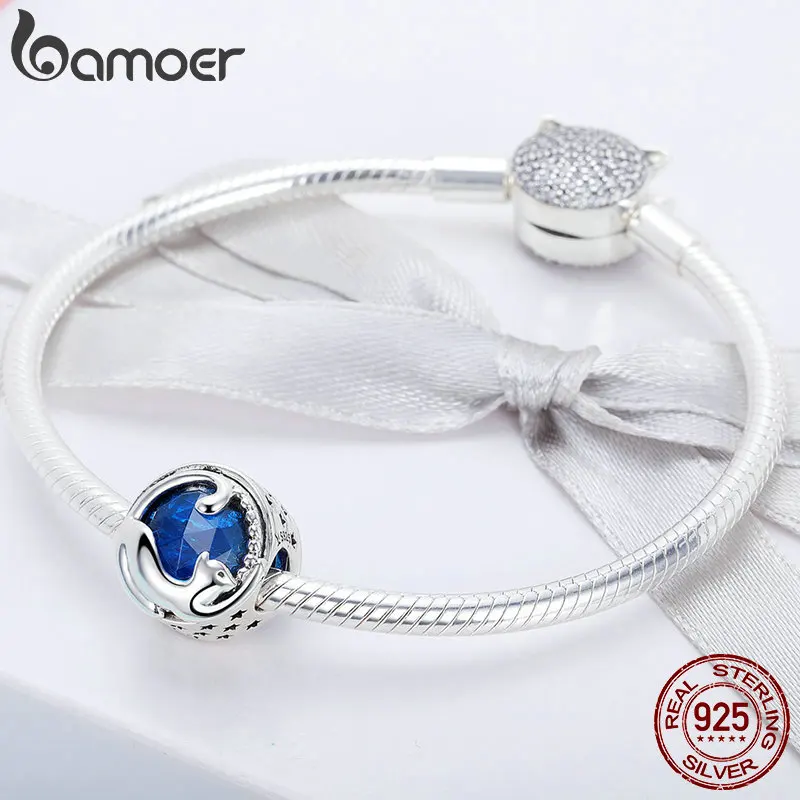 BAMOER, 925 пробы, серебряный, играющий котенок, кот, голубой Фианит, очаровательный браслет и браслеты, сделай сам, изготовление ювелирных изделий SCC708