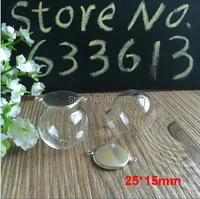 100sets/lot 25*15mm Glass Globe two loop 16mm silver base Pendant Locket Charm wide opening glass Bottle, glass vials pendeants