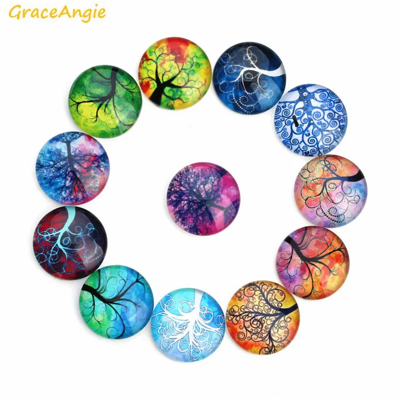 

GraceAngie 20PCS Wholesale Round Glass Cabochon Colorful Life Tree Pattern 10-20mm Vintage Handmade Women Jewelry Findings