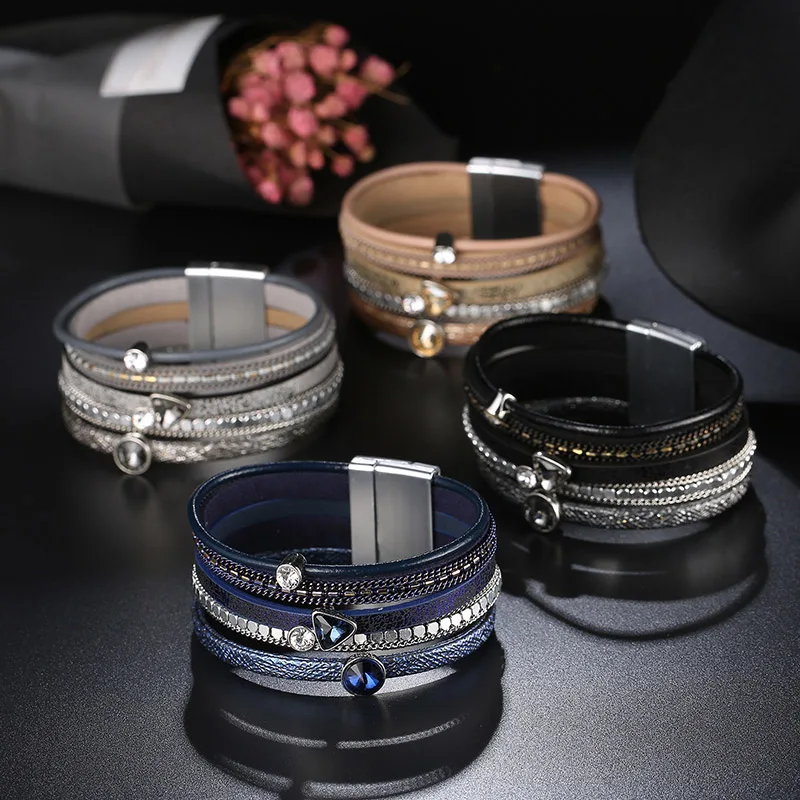 Женский кожаный браслет широкий со стразами и кристаллами|leather crystal bracelet|crystal