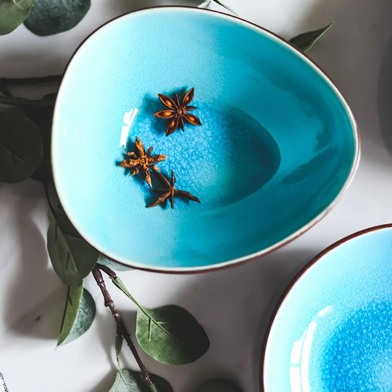 

KINGLANG Japanese ice crack glazed lake blue color bowls tableware household rice bowl ceramic fruit salad bowl