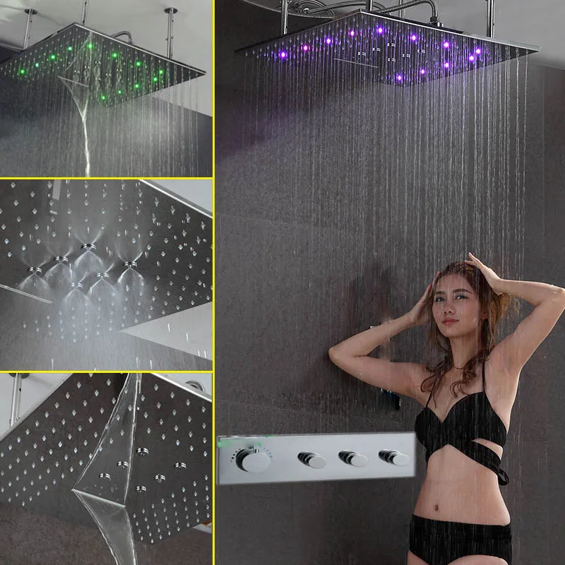 

Modern LED Bathroom Faucet Set 24 Inch Glow Shower Head Extension Arm In Wall 3Way Shower Diverter Valve Thermostatic Bath Mixer