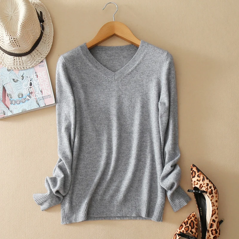 

Thoshine Brand Spring Autumn Women Knitted Cashmere Sweaters Solid Color V-Neck Female Thin Pullovers Office Lady Casual Jumpers
