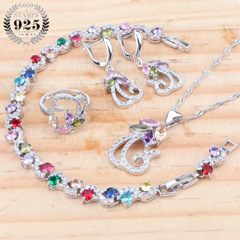 Zirconia Silver 925 Bridal Jewelry Sets For Women Ladies Costume Jewellery Rings Earrings Pendant Wedding Necklace Set Gift Box - Окраска металла: 4PCS
