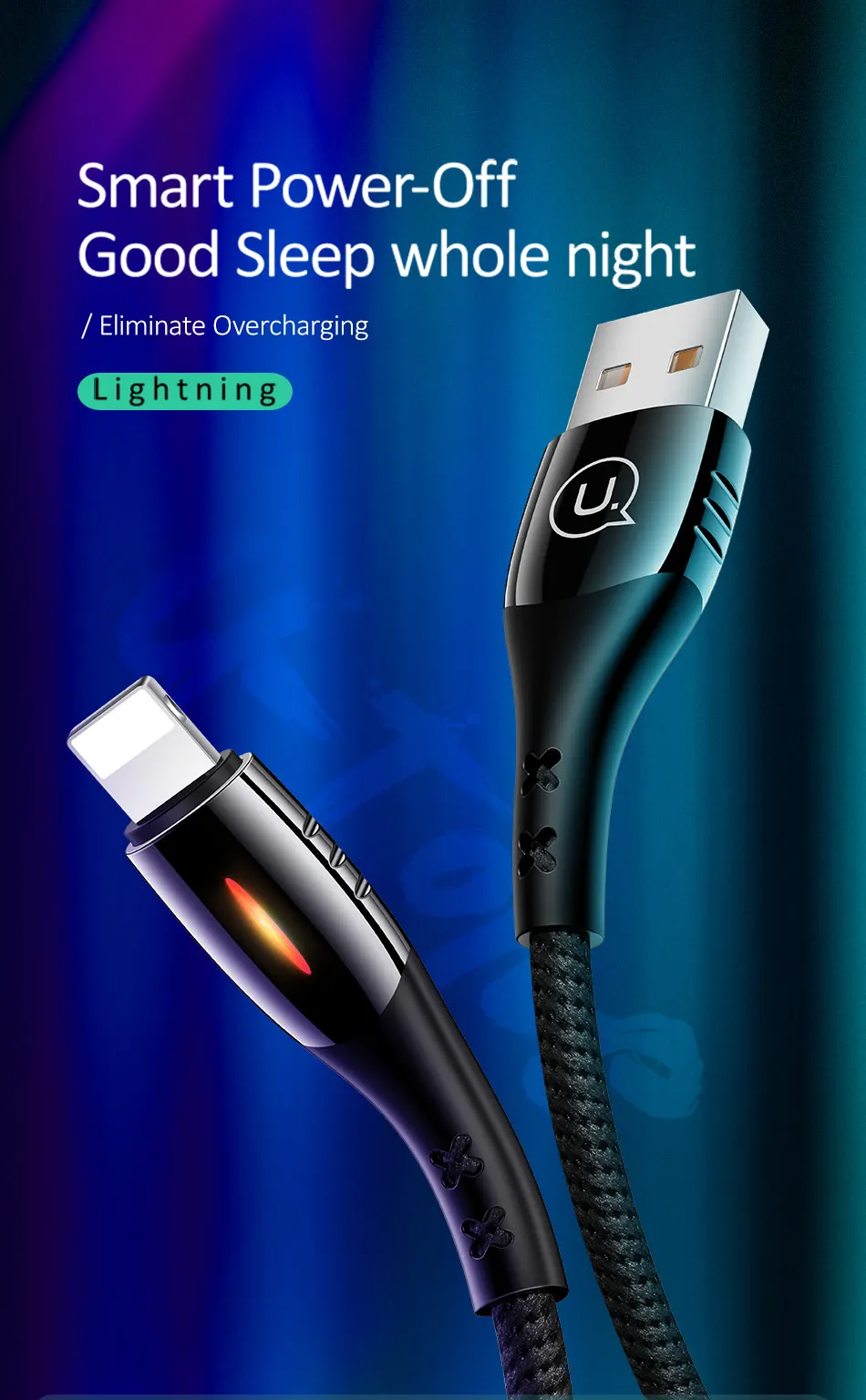 Usb-кабель USAMS с автоматическим отключением для освещения, 2А, светодиодный кабель для быстрой зарядки и синхронизации данных для Apple iPhone 10, 8, 5S, 6 S, светодиодный usb-кабель