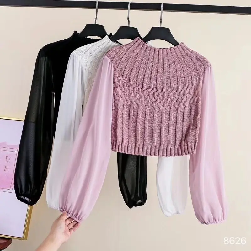 OllyMurs New Fashion Women Slim Knitted Sweater Chiffon Stitching Ladies O-neck Sexy Short Tops Sweaters Lantern Sleeve Knitwear | Женская