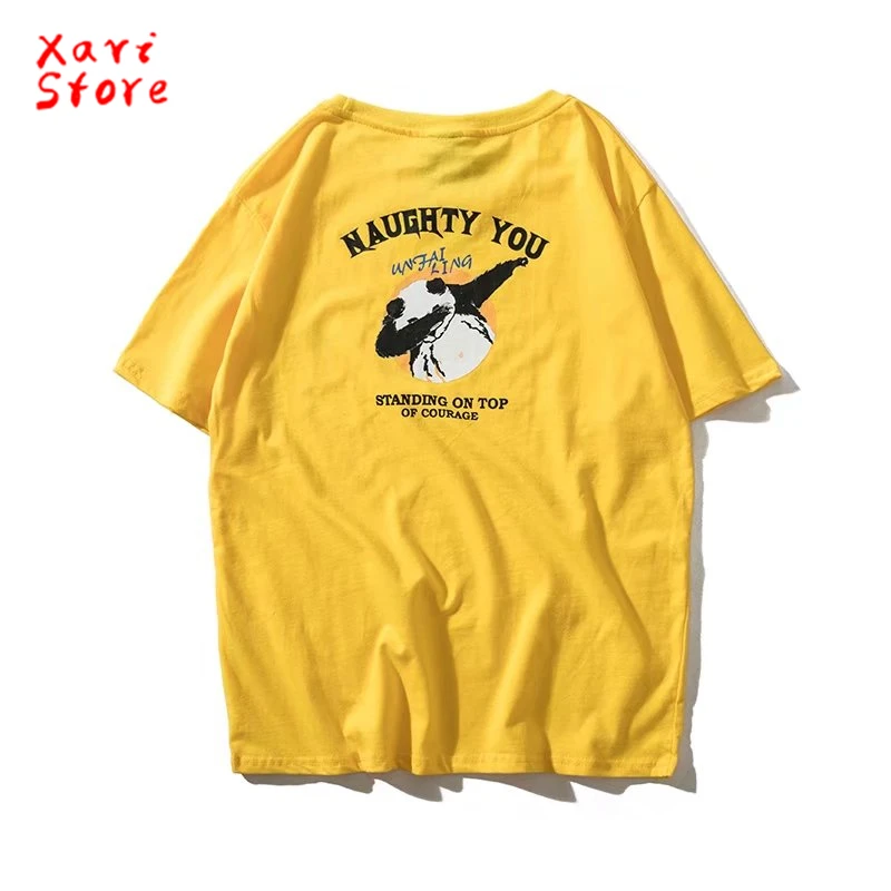 Summer new 100% Cotton Street Boys playful short sleeve T-shirt men's loose panda hip-hop O collar five points sleeves | Мужская