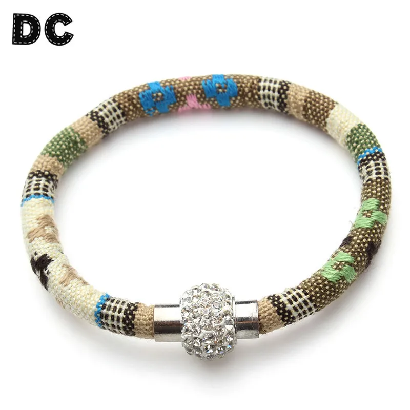 

DC Unisex Bohemian Bangle Printing Cotton Fabric Cord Rope Thread Bracelets With Rhinestone Crystal Charms For Women Men Jewelry