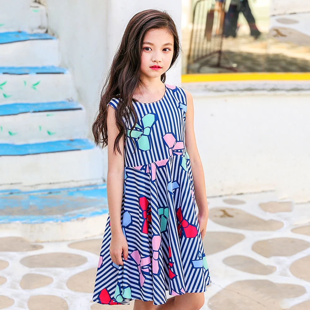 baby girl summer dress 2018 with bow pink blue print teenage children dresses girls 6 sleeveless kids party for | Детская одежда и